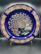 Great Moroccan Taous dish. Large old Moroccan porcelain plate, blue and gold