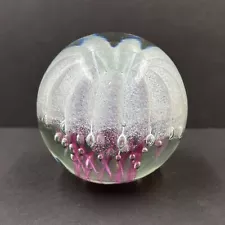 Vintage 3" Clear Art Glass Paperweight Round Sea Urchin Jelly Fish Purple Decor