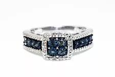 .925 STERLING SILVER .13CT NATURAL ROUND CUT BLUE DIAMOND & DIAMOND CLUSTER RING