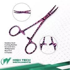 Roach Clip Locking Clipper 5.5" Curved Tip Stainless Steel, Pink & Black Pattern