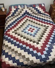 King/Queen Amish Hand Made Red+Blue Floral Courtyard Trip Quilt 84x94”