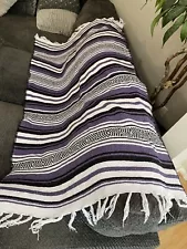 mexican blanket purple cotton reclaimed fibers fringe thick stripes throw couch