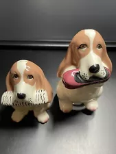 Basset Hound Slippers & Paper Salt & Pepper Shakers Mom & Pup Vintage Signed CA