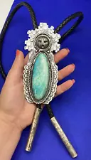 Large Navajo Handmade Sterling Silver Kachina Turquoise Bolo Tie/Pendant. 157 gr