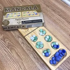Mancala For 2 Players Wooden Game Board With 48 Multicolor Stones - Complete