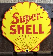 VINTAGE SUPER SHELL GASOLINE 10” PORCELAIN GAS OIL SIGN CLAM