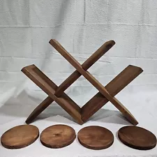 NEW Rustic Brown Wood Countertop 4 Bottle Wine Rack With 4 Coasters