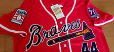 Brand New! Atlanta Braves #44 Hank Aaron Cooperstown 2patch sewn Jersey Red Mens