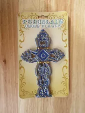 Blue & Gold Porcelain Glazed Painted Religious Cross Plaque New for sale!!!