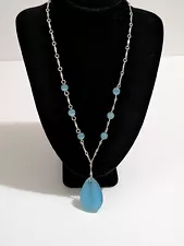 Avon NR Silver Tone Bulk Chain With Blue Glass Beads & Faceted Pendant. Vintage