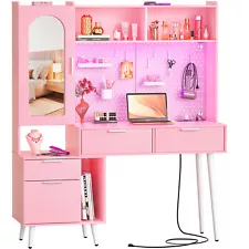 48'' Makeup Vanity with Hutch, Pink Bedroom Dressing Table with 5 Drawers & LED