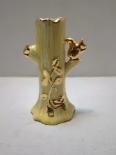 Yellow Ceramic Tree Trunk 22K Gold Trim Squirrel & Leaf Design Flower Bud Vase