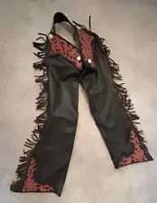 VTG Fancy Hand made tooled Leather Chaps Fringe Rodeo Show Cowboy Bull Riding