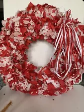 Fabric Christmas red white rag Valentine's Day Wreath handmade artisian 13”