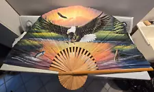 VINTAGE AMERICAN BOLD EAGLE HAND PAINTED BAMBOO GIANT FAN WALL HANGING 60x35"