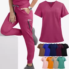 Stretch Jogger Scrub Sets Women Medical Nurse Salon Uniform Tops Pants Drawtring