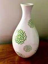 Unique VTG MCM Green & White Shabby Boho Tall Floral Art Pottery Vase. 16x9”