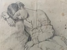 Original Antique Old Master Fine Pencil Drawing Young Woman Sleeping Circa 1850