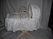 hand made dolls moses basket with stand.white lacy inc pillow