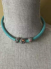 VINTAGE BRIGHTON 16” Teal LEATHER SILVER Tone CHARM CHOKER NECKLACE Rhinestones