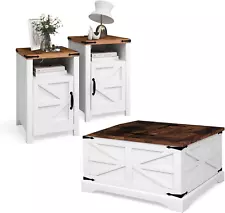 3-Piece Farmhouse Table Set Includes 31” Coffee Table and Side Tables with Stora