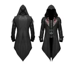 Gothic Hooded Leather Coat with Red Embroidery Men's Assassin Style Jacket