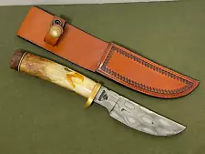 Custom Made J.A. Lonewolf Knife Scrimshawed Eagle Stag Handle Damascus Blade