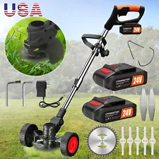 12/24V Electric Cordless Grass String Trimmer Weed Eater w/2 Batteries Blades