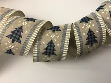 Christmas Ribbon, Blue and Black Buffalo Plaid Trees, 2 1/2" Wide, 5 YARDS