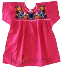 Mexican Peasant Blouse Hand Embroidered Top Colors Vintage Style Tunic Hot Pink