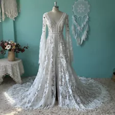 Bohemia Vintage Wedding Dress Lace Flared Sleeves V Neck Backless Bridal Gowns