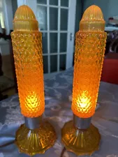 ð¥ 2 Vintage Art Deco Glass Bullet Torpedo Skyscraper Boudoir Table Lamps Amber