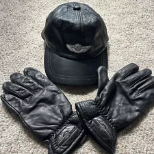 Vintage Harley Davidson 100th Anniversary Black Leather Cap and Matching Gloves