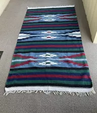 Vintage Striped Woven Blanket Throw w/Fringe 80x46 Mexican Estate Sale Find