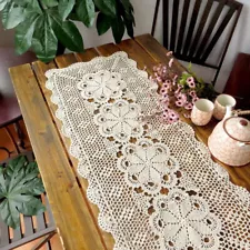 Vintage Hand Crochet Lace Table Runner Dresser Scarf Rectangle Doily Wedding