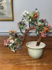 Bonsai Tree In Green Chinese Celadon Pot With Multicolor Glass Flowers Leaves