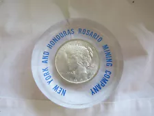 Vintage Resin Paperweight 1922 Liberty Silver Dollar Rosario NY Honduras Mining