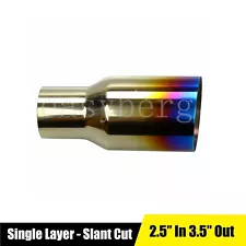 Blue Burnt Exhaust Single Slant Cut Tip Polished Stainless 2.5" In 3.5" Out