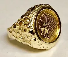 14k Yellow Gold Nugget Ring, Indian Head Coin, Approx 19g