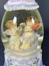 Snowglobe 2 Cherub Angels Playing Violin and Trumpet Purple Beaded Floral Works