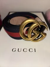 GUCCI GG Unisex Nylon Web Belt With Double G Antique Brass Buckle Navy/Red