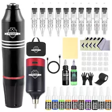 Wireless Tattoo Pen Machine Kit Complete with Power Supply Ink 10PCS Needles