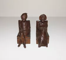 Hand Carved Vintage 3" Wooden Chair Sitting Old Couple Figurines Signed