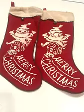 Set of 2 Vintage Red White Felt Christmas Stockings Santa Claus Merry Christmas