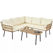 4 PCS Patio Furniture Outdoor Rattan Woven Sectional L-Shaped Sofa Side Table