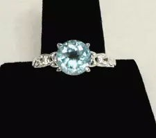 Sterling Silver Round Blue Topaz Solitaire Ring with Accents Sz 6