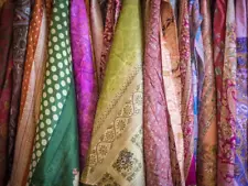 Bulk Lot Art Silk Saree Fabric Multi use recycled silk sari by yard for sale