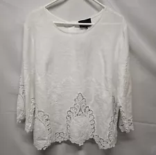 Cynthia Rowley Woman White Linen Embroidered Lace 3/4 Sleeve Button Blouse 1X