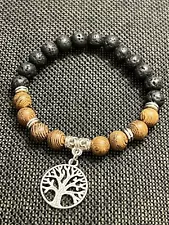 SALE~ LAVA STONE AND WOOD TREE OF LIFE STRETCH BRACELET SILVER TONE