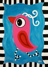 Sale! original painting 5x7" signed gift folk art "The Great Pink Bird"